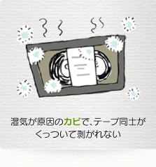 湿気が原因のカビで、テープ同士がくっついて剥がれない