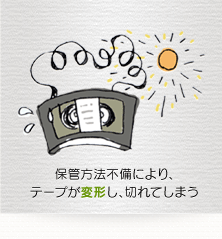 保管方法不備により、テープが変形し、切れてしまう