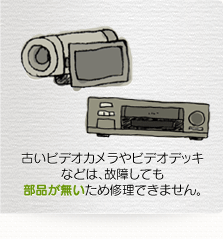 古いビデオカメラやビデオデッキなどは、故障しても部品が無いため修理できません。