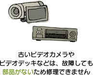 古いビデオカメラやビデオデッキなどは、故障しても部品が無いため修理できません。